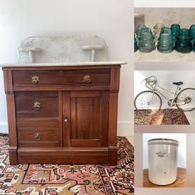 MaxSold Auction: This online auction features antique dresser, chandelier, area rugs, art glass, vintage canning jars, sterling & costume jewelry, insulators, vintage tin toy, vintage crocks, cast-iron doorstops, snorkeling set, wooden crates, vintage secretary desk, bike, garden tools, and more!
