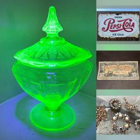 MaxSold Auction: This online auction features vintage metal signs, silver & costume jewelry, NIB doll furniture, vinyl records, fabric, Depression glass, trinket dish collection, Carnival glass, art glass, banknotes, coins, Carlton ware, bar mirrors, guitar amp, bar stools, loose gemstones, soapstone carving, uranium glass, Royal Doulton figurines, tin toys, Tibetan singing bowls & meditation bells, railway & automotive ephemera, plastic shelving, compressor, power & hand tools,  teacup/saucer sets, decorative plates, welding gear, and more!\n