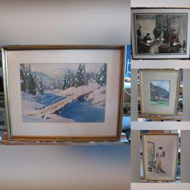 MaxSold Auction: This online auction features Sally Carey artwork, BA Pughe etching, seashell artwork, Danny Mayes watercolour, Tara painted tobacco leaves, woodblock prints, Lucille Scott painted feather, framed origami, H Mann paintings, Wayne Alfred Indigenous print, Evelyn Webb watercolours, AY Jackson silkscreen, Jose Manuel Robles painting, and more!