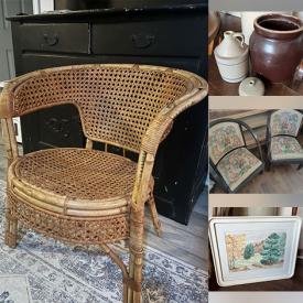 MaxSold Auction: This online auction features vintage table lamps, wicker chair, crockery, vinyl records, vintage embroidered chairs, antique bottles, oil lamps, vintage tools, Boho side table, and more!