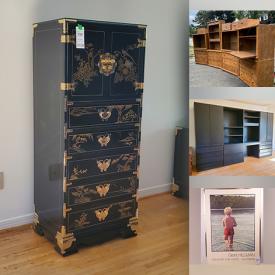 MaxSold Auction: This online auction features vintage framed wall art, vintage Art Deco table lamps, area rugs, Chinese cabinets, wall units, glass waterfall table, metal/glass dining table, upright piano, lift recliner, hospital bed, cedar chest, bookcases, and more!