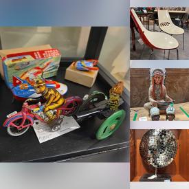 MaxSold Auction: This online auction features cantilever chairs, Industrial design table, art pottery, vintage tin toys, Indigenous art, metal/glass table, wall mirror, plant stands, planters, metal sculptures, gump bowl, vintage bottles, vintage hand tools, metal armchairs, and more!