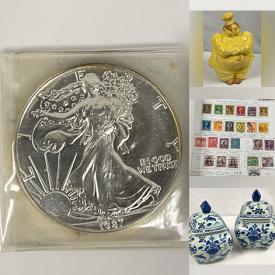 MaxSold Auction: This online auction features coins, silver jewelry, stamps, First Day covers, Navy Postal History collection, vintage savings stamps, blue & white dishware, cookie jar, vintage books, art pottery, vintage marbles, and more!