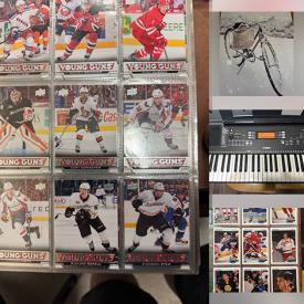 MaxSold Auction: This online auction features sports trading cards, sports collectibles, vintage telephone bench, Yamaha keyboard, crafting stamps, kitchen island, power tool, desk, snowboards, children’s books, dollhouse, table lamps, and more!