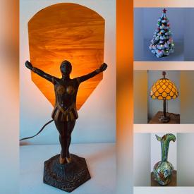 MaxSold Auction: This online auction features Art Deco stained glass lamp, art glass, antique stained glass lamp, vintage shell lamp, art pottery, antique wood carving, Hull pottery, Majolica jardiniere, stained glass panel, art book, Kenojuak Ashevak print, Hazel Mackay painting, Helen De Silaghi painting, and more!