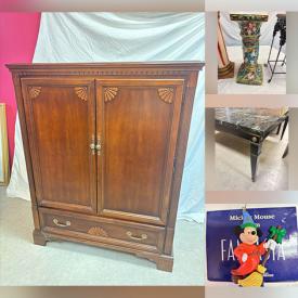 MaxSold Auction: This online auction features secretary desk, YA books, glass top table, dining table, burl wood decorative bowls, mantel clock, table lamps, string instruments, Disney collectible ornaments, vintage toys, Karl Niemann artwork, mirrors, children’s books, wine cooler, corner units, and more!