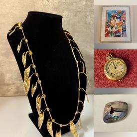 MaxSold Auction: This online auction features vintage Keith Lindberg painting, vintage Syliva Ziontz paintings, vintage Mary Jane Oshier watercolors, women’s clothing, scarves & belts, office supplies, trinket boxes, brass bell, area rug, art supplies, silver & gold jewelry, and more!