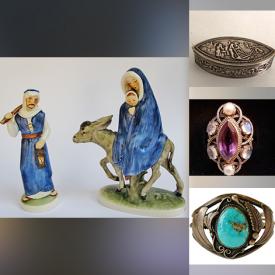 MaxSold Auction: This auction features Antique Christmas Decor, Sterling Silver Flatware, Sterling Jewelry, Carved Vase, Uranium Glass, Jardiniere, Frames, Candle Holders, Tea Caddy, Postcards, Tea Cups, Figurines, Vases, Tea Set, Books, Royal Doulton Figurines, Antique Photos, Moorcroft Vase, Barware, Dols, Lamps, Brass Bookends, Bird Figurines, Elvis CDs   and much much more!