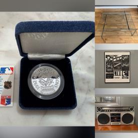 MaxSold Auction: This online auction features art glass, Walter J. Phillips print, teak furniture, postmodern chrome/glass tables, vintage duck decoys, framed comic strips, antique wall clocks, watches, stained glass lamp, Depression glass, coins, banknotes, vintage sewing machines, and more!