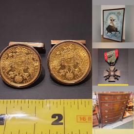 MaxSold Auction: This online auction features antique desks, antique vanity, antique bottles & tins, stamps, coins, banknotes, watches, vintage postcards, military medals, gold & costume jewelry, Mexican silver jewelry, electric fireplace, TV, bar stools, Star Wars collectibles, DVDs, antique tools, Carnival glass, wood carvings, sports collectibles, milk glass, art pottery, vintage buttons, Pokémon collectibles, hand tools, stereo components, comics, and more!