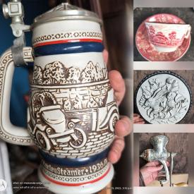 MaxSold Auction: This online auction features stein, antique tools, game, vintage bottles, teacup/saucer sets, cabinet plates, art pottery, oil lamp, Funko Pop, redware pottery,  decanter, garden tools, and more!