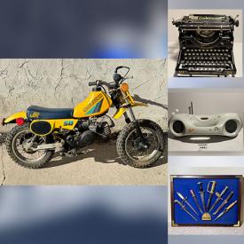 MaxSold Auction: This auction features Dirt Bike,  Carved Sculptures, Brass Decor, Paintings, Slot Machine Game, Books, Office Decor, Vintage Cameras, Typewriter, Clocks, Jackets, Coffee Making Tools, DVDs, Stereo Equipment, Jewelry, Perfumes, Weights, Power Tools, Trinket Boxes, Sextant, MCM Swivel Table, Boots, Sunglasses, Fishing Gear, Sling Chair   and much much more!