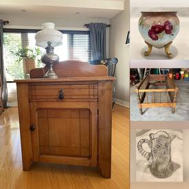 MaxSold Auction: This online auction features antique wash stand, crock, antique cast iron kettle, crystal decanter, antique bottle, vintage games, stein, Hummel, Noritake, novelty teapot, art glass, Belleek, Cranberry glass, duck decoy, violin, antique oil lamps, decorative plates, antique kitchen tools, and more!