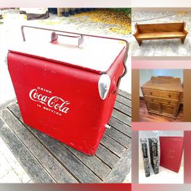 MaxSold Auction: This online auction features art glass, pewter tankards, Coca-Cola collectible, slate tiles, Evesham, crocks, First Nation drum, wine rack, decanter, fitness gear, wood carving, cuckoo clock, train set, art pottery, church pew, The Folio Society books, planters, souvenir spoons, vinyl records, chandelier, metal sculpture, vintage bottles, garden tools, games, and more!