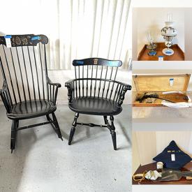 MaxSold Auction: This online auction features vintage dresser, kitchen island, marble top table, cedar chest, vintage tea cart, wicker patio furniture, standing jewelry armoire, costume jewelry, watches, stained glass lamps, Chinese Lute, navigation lantern, collector blue & white plates, art pottery, Depression glass, secretary desk, insulators, art glass, cameras & accessories, TV, souvenir spoons, didgeridoo, and more!