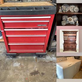 MaxSold Auction: This online auction features power & hand tools, hardware, rolling tool chests, garden tools, air compressor, plumbing supplies, floor jack, painting supplies, lawnmower, tiller, garden art, small kitchen appliances, washer, dryer, refrigerator,  kitchen utensils, espresso cups/saucers, teacup/saucer sets, pet products, vintage animal figurines, crocks, nesting doll, chest freezer, mini fridge, area rug, men’s & women’s footwear, costume jewelry, planters, humidifier, perfume bottles, sewing machine, quilt, desk & hutch, exercise equipment, fitness gear, TV, BBQ grill, stained glass panel, and much, much, more!!!