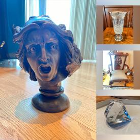 MaxSold Auction: This online auction features Belleek, antique mirrors, TV, mantel clocks, Aynsley vase, Royal Doulton figurines, soapstone figurines, vintage porcelain bouquets, art glass, Waterford crystal, Lladro figurines, Lenox, angel figurine collection, Hoselton sculptures, Swarovski ornaments, decorative plates, decorative pedestals, decanter set, Thomas Kinkade village houses, Boyds Bears, brass inkwell, teacup/saucer sets, transferware, Tommy Bahama dishware, cookie jar, small kitchen appliances, and more!