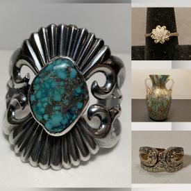 MaxSold Auction: This online auction features silver, gold, & costume jewelry, Waterford crystal, art glass, flatware, antique pocket watches, antique mantle clock, stained glass lamp, silver belt buckles, Raku pottery, art pottery, Folk Art carvings, antique hat pins, decorative plates, floor vases, and more!