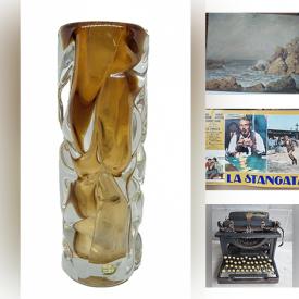 MaxSold Auction: This online auction features antique typewriters, vintage wood crate, art glass, lawn mower, vintage folding bike, vintage Italian movie posters, tin wind-up toy,  M Cole watercolors, and more!