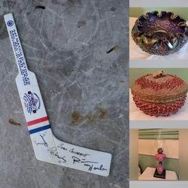 MaxSold Auction: This online auction features antique cast iron lamp, vintage sealers, vintage tins & bottles, antique farm tools, sports autographs, Lego sets, Carleton ware, antique Fenton glass, Royal Hager lamp, vintage ruby glass, antique stamping block, antique duck decoy, Indigenous baskets, decorative teapots, oil lamp collection, vintage train set, and more!