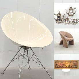 MaxSold Auction: This online auction features vintage room divider, vintage Eros-style chair, vintage mushroom chair, vintage Jaymar tongue chair, wooden stools, art glass, metal wall art, art glass, cookie jar, mantel & wall clocks, antique ginger jar, art pottery, and more!