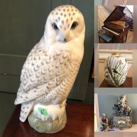 MaxSold Auction: This auction features Duck Decoys, Dining Suite, Silver Plate Accessories, Flatware, Jewelry, Platters, Coal Cabinet, Linens, Photo Frames, Candlesticks, Mirror, Shelving, Upholstered Chairs, Sterling Spoons, Wingback Chairs, Luggage,  Elephant Collection, Gloves, Figurines, Books, Pottery, Vases, Dressers, Lamps, Sofa, Occasional Tables, Framed Art, Office Supplies, Dish Sets, Stemware, Beds, Small Kitchen Appliances, Pyrex, Freezer, Planters,  Clocks Grand Piano, Coats  and much much more!