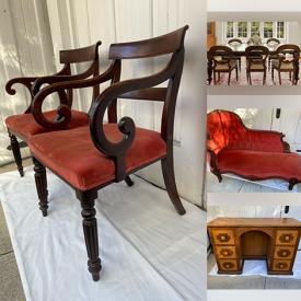 MaxSold Auction: This online auction features antique chaise lounge, antique writing desk, wicker patio furniture, roll-top desk, antique brass bed, parlour chairs, mantle clocks, bronze figurine, room divider, perfume bottle, decanters, antique cranberry glass, vintage oil lamps, antique chandeliers, and more!