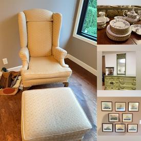 MaxSold Auction: This online auction features tufted armchairs, mantel clock, wooden figurines, MCM table lamp, Nao figurines, patio furniture, framed artwork, and more!\n