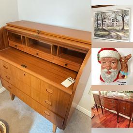 MaxSold Auction: This online auction features character jugs, soapstone carving, desks, stereo components, marble coffee table, beauty appliances, faux plants, collector plates, costume jewelry, watches, roll top desk, Royal Doulton figurines, curio cabinet, Lladro figurine, porcelain bouquets, teacup/saucer sets, flatware, small kitchen appliances, home health aids, sewing machine, area rugs, CDs, office supplies, hand tools, patio furniture, garden art, and more!