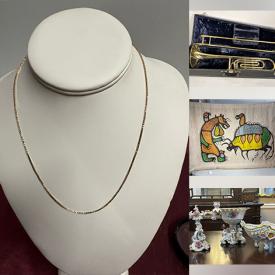 MaxSold Auction: This online auction features vintage trombones & clarinet, gold jewelry, banknotes, watches, Joshim Kakegamic print, cloisonne, bronze sculpture, Royal Doulton figurines, Toby creamer, antique bottle, Henriot Quimper pottery, decorative plates, teacup/saucer sets, vintage Pyrex, Jasperware, Roseville pottery, antique vanity mirror, Fenton glass, art pottery, Evelyn Knight paintings, Tom Thomson prints, Evesham, vinyl records, art glass, children’s vanity, and more!