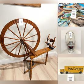 MaxSold Auction: This online auction features vintage spinning wheel, desk, antique tools, kerosene lanterns, quilt, vintage postcards, First Day covers, children’s educational tools, art pottery, floral frogs, Blue Mountain pottery, soapstone carvings, insulators, vintage toys, and more!