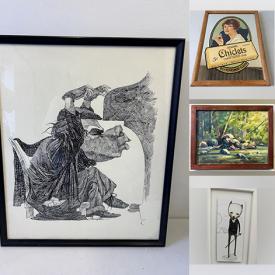 MaxSold Auction: This online auction features Frederick Rowland Emett pencil drawing, antique bronze statues, Andrew Lang book,  vintage Art Deco advertising mirrors, antique porcelain, metal wall hanging, art pottery, nuts+bolts sculpture, Indigenous artwork, ukulele, art glass, German pottery,  Robert Bateman, puzzles, antique cabinet plate, milk glass, and more!
