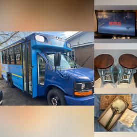 MaxSold Auction: This online auction features Chev mini bus, small kitchen appliances, TV, leather furniture, light fixture, kitchen faucets, table linens, stationery, ceramic tiles, storage tubs, men’s clothing, fabric wall hangings, roof rack, tires/rims, craft supplies, hand tools, and more!\n
