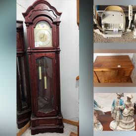 MaxSold Auction: This online auction features cut crystal collectibles, art glass, porcelain figurines, grandfather clock, dining room furniture, desk, rattan chair, Royal Doulton figurine, Staffordshire bouquet, metal wall art, decanter, West German pottery, stair lift, and more!