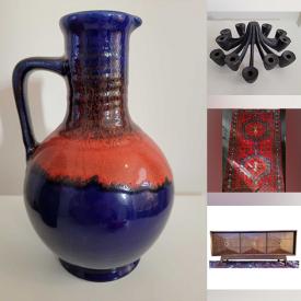 MaxSold Auction: This online auction features area rug & runners, cantilever bar stools, teak furniture, art glass, W German pottery, vintage Pyrex, metal wall art, vintage books, brass collectibles, stone carving, Hull pottery, Christmas blowmolds, Robert Tokely paintings, McCoy vase, brass sculpture, and more!