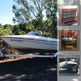 MaxSold Auction: This online auction features a 14 foot Bayliner boat with 40 HP Force motor and trailer and a American Legend motorcycle trailer; furniture including a Pride electric lift chair, vintage drum table and patio furniture; decor including Benjamin Chee Chee print, original art, prints, area rug and Christmas decor; kitchenware including copper pots; appliances including a Star Grill commercial hot dog roller, Fusion Juicer and a Keurig; tools including a Craftsman tool chest, yard tools, power tools and hardware; electronics including an RCA 32 inch TV and a Panasonic bookcase stereo and much more!