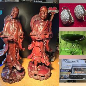 MaxSold Auction: This online auction features art glass, small kitchen appliances, gold & costume jewelry, cloisonne, vintage books, perfume bottle, men’s & women’s clothing, snuff bottle, wood carvings, fitness gear, Pokémon collectibles, art pottery, nesting dolls, lighters, outerwear, vinyl records, Wolf original sculpture, tribal masks, soapstone carvings, metal art figures, grow lights, decorative plates, and more!  \n