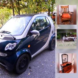 MaxSold Auction: This online auction features a 2006 diesel Smart Car. Trailer. SHOP TOOLS: Commercial drill press and compressor, table saw, hand and power tools. Health Rider Inversion system; Minoura B-60 remote bike trainer and front wheel stand; Torpedo toboggan. Camera equipment and accessories. VINTAGE: Oak rocking chair, twin and double beds, round to oval dining table and pressed back chairs, chest of drawers; car parts; scale; irons; tins; 6 radio's; 30's newspapers; Singer sewing machine in wood case; coke crate; tools, yolks. COLLECTIBLE: Royal Doulton figurines and much more!