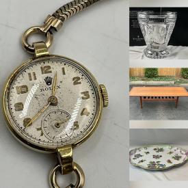 MaxSold Auction: This online auction features Herend dishware, antique porcelain figurines, Jasperware, vintage whiskey pourers, trays, & pitchers, Royal Doulton figurines, Elvis collectibles, antique slag glass lamp, decorative plates, vintage sewing machines, Asian pottery, teacup/saucer sets, nesting dolls, trinket boxes, collectible die-cast vehicles, Toby jug, decanters, Staffordshire dogs, vintage books, vintage Pyrex, Art Deco coffee set, train cars & accessories, art glass, smoking pipes, vintage compacts, home electronics, vintage typewriter, blue & white porcelain, Evesham, area rugs, vintage pram, bike, stained glass panels, silver jewelry, collector spoons, coins, cast iron banks, lift chair,  teak furniture, vinyl records, and more!\n