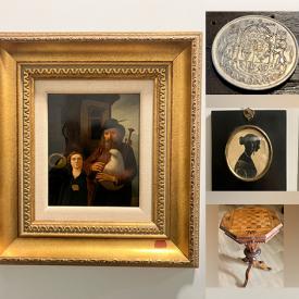 MaxSold Auction: This auction features Cameos, Paintings, Vintage Photos, Coins, Dome Trunk, Victorian Sewing Table, Waterford Glass, Tea Cup, Frames, Occasional Tables, Mirrors, Claret Jug  and much much more!