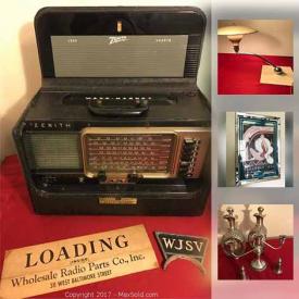 MaxSold Auction: This online auction features ANTIQUE: 1917 WWI newspapers; print in oval frame. VINTAGE: Costume jewelry; bar ware; Zenith Trans Oceanic radio; ceiling lights fixtures; Ephemera; unicycle; army survey tripod converted into a floor lamp; MCM lighting. ART: Mid Century sculpture. GLASS: 10 gold rim glasses and much more!