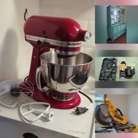 MaxSold Auction: This online auction features tub chairs, teacup/saucer sets, small kitchen appliances, stained glass ceiling lamp, bar stools, chaise longue, butcher block table, art easel, portable AC unit, desk & chair, garden tools, hardware, power & hand tools, air compressor, games, camping gear, snowshoes, patio furniture, and more!