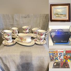 MaxSold Auction: This online auction features stereo components, original watercolor paintings, miniature tea set, teacup/saucer sets, perfume bottles, collector plates, Funko Pops, comics, nesting dolls, wooden masks, steins, guitar amp, Hallmark ornaments, vinyl records, sad irons, and more!\n