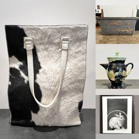 MaxSold Auction: This online auction features antique copper boiler, antique stained glass window, architectural salvage, Dog Bite Steel sculptures,  Ed Keith pottery, art glass, Depression glass, Frank Ditomaso bowl, Cynthia Cupplies pottery, antique sad irons, David Hickey metal art, Raku pottery, stone carvings, planter, and more!\n