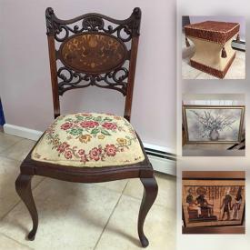 MaxSold Auction: This online auction features antique Marquetry chair, signed artisan pottery, kitchenware, glassware, antique silverplate, linens, computer monitors, and much more!