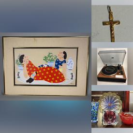 MaxSold Auction: This online auction features art glass, John Lim paintings, silver, gold, & costume jewelry, watches, collector plates, vintage maps, perfume bottles, vintage Hoselton sculpture, art pottery, decorative plates, teacup/saucer sets, Royal Doulton figurine, stereo components, Carnival glass, slag glass light, antique pendulum clocks, and more!\n