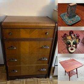 MaxSold Auction: This online auction features wetsuit, antique tables, skis, Venetian Carnival mask, small kitchen appliances, snowboard, ski boots, office supplies, power & hand tools, hardware, toys, craft supplies, karaoke machine, runners, kitchen utensils, planters, art pottery, cedar chest, humidifier, DVDs, pressure washer, pet products, sleigh bed, Cottageware, snowshoes, and more!