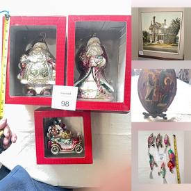 MaxSold Auction: This auction features Huge Collection of Christmas Blown Glass Ornaments in Many Themes,  Holiday Decor, Garland, TV Show Wig, Hats, Mirror, Painting, Prints, Ceramic Decor Orbs, Display Eggs   and much much more!