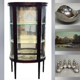 MaxSold Auction: This auction features Carved Foo Dogs, Cloisonne Vases, Singing Bowl, MCM Candleholders, Figurines, Burberry Scarf, Jewelry, Art Glass, Candleholders, Modernist Centerpieces, Sterling Salt/Pepper, Waterford Crystal, Scale, Prayer Rug, Stained Glass, Disco Ball, Paintings, String Art, Foot Stools, Curio Cabinets, Dresser, Mirrors and much much more!