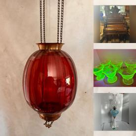 MaxSold Auction: This online auction features cranberry glass, uranium glass, decanter set, oil lamps, antique pump organ, planters, miniature tea sets, small kitchen appliances, pet products, room dividers, antique leaded glass door, wrought iron bed, manual push mower, carboys, snowshoes, antique finger lamps, Carnival glass, antique door trees,  sewing machine, desks, lawnmower, bikes, antique brass light fixtures, fitness gear, and more!n